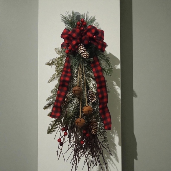 Christmas Holiday Swag Door Hanging Wreath/ Red and Black Buffalo Plaid Ribbon - Picture 3 of 7